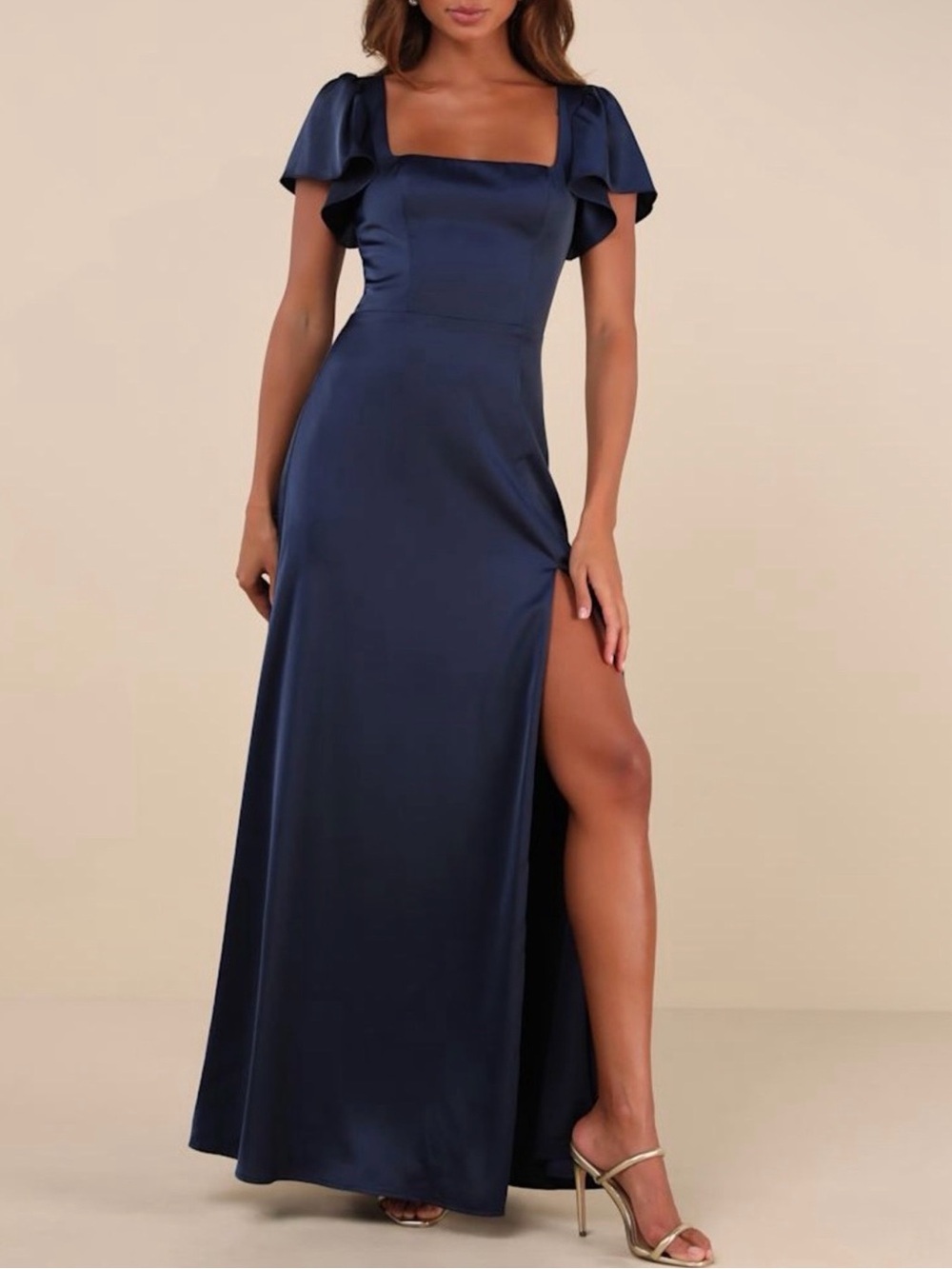 Lulus Ultimate Sweetness Navy Blue Satin Flutter Sleeve Maxi
Dress